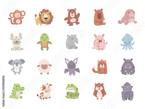 Cute animal character set showcasing scandinavian cartoon style with farm sea domestic creatures and friendly emotions for yours illustration and creative designs projects