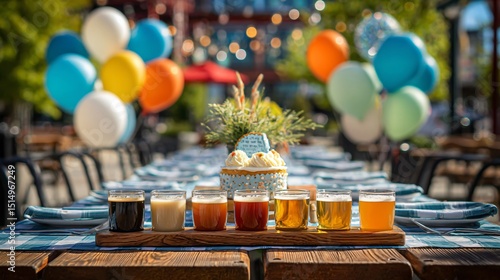 Beer garden birthday table with balloons, cake, and craft beer flights