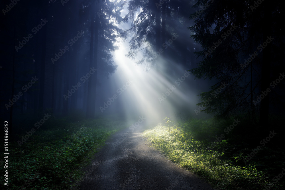 Fototapeta premium Sunlight Reveals Winding Trail Through Forest Fog