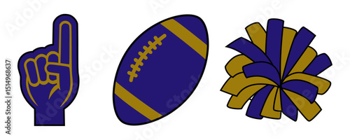Cheerleading Vector Set: a blue foam finger with a gold outline, a blue football with gold stripes and stitching, and a pom-pom with blue and gold ribbons.