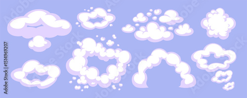 Cartoon cloud vector with comic smoke and cloud shapes on a light purple background. White and pale violet clouds in soft cartoon style. Perfect for game UI, fantasy themes, kids illustrations