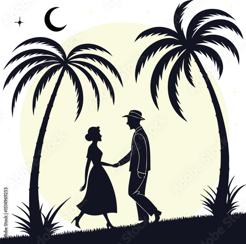 Silhouette of a romantic couple walking under palm trees on a tropical evening