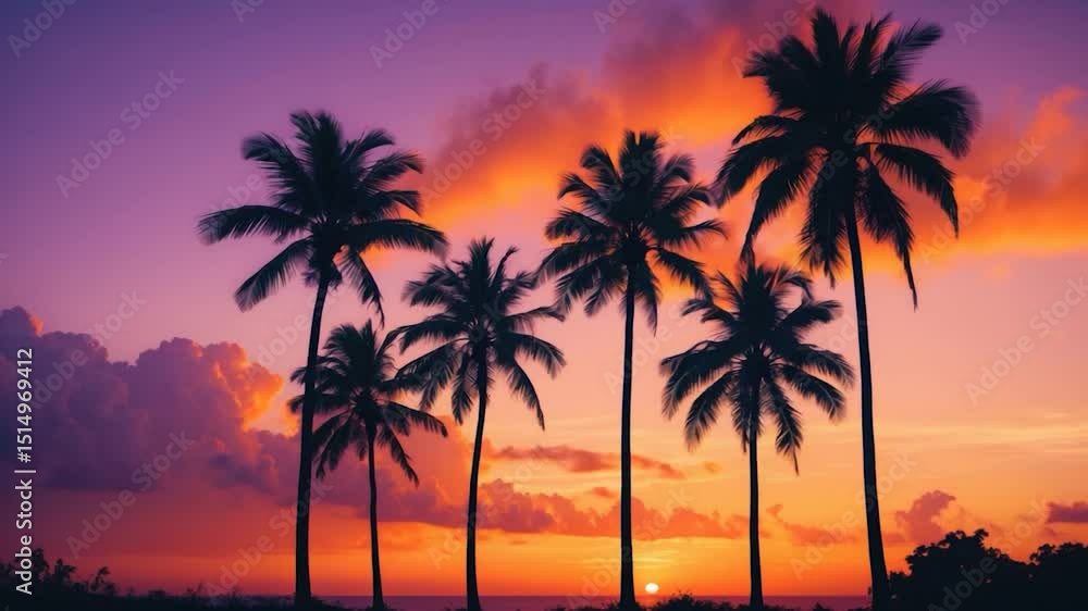 Silhouetted palm trees against a vibrant sunset sky with hues of purple, orange, and pink, creating a serene tropical atmosphere as the sun sets on the horizon. Silhouetted palm trees against a vibrant sunset sky with hues of purple, orange, and pink, creating a serene tropical atmosphere as the sun sets on the horizon.