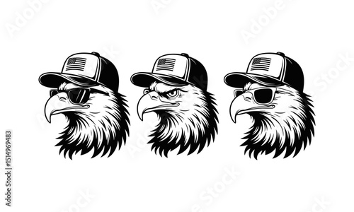 Cool Eagle Head with American Flag Cap Vector Illustration Set