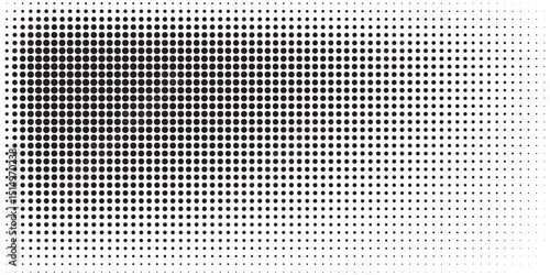 Halftone dot pattern in black and white, elegantly transitioning from dense to sparse distribution. Perfect for design, graphic art, or texturized backgrounds in contemporary and retro-style creations