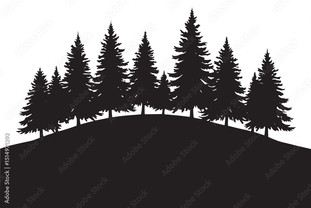 Obraz premium Silhouette of Pine Trees on Hill Landscape Vector Illustration