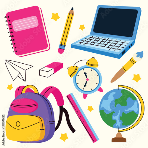 Set of hand drawn back to school flat vector illustration