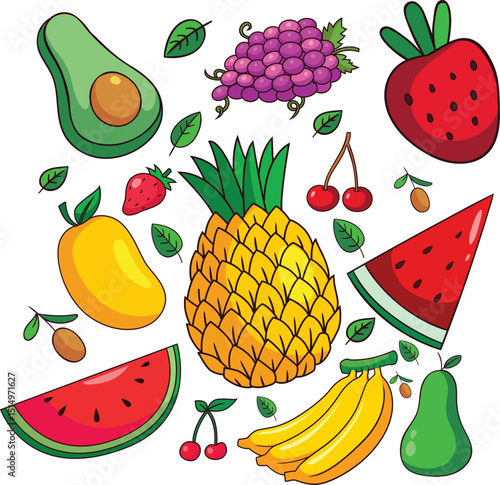 Bright Colorful Fruit Collection in Cartoon Style – Tropical and Summer Fruits Illustration