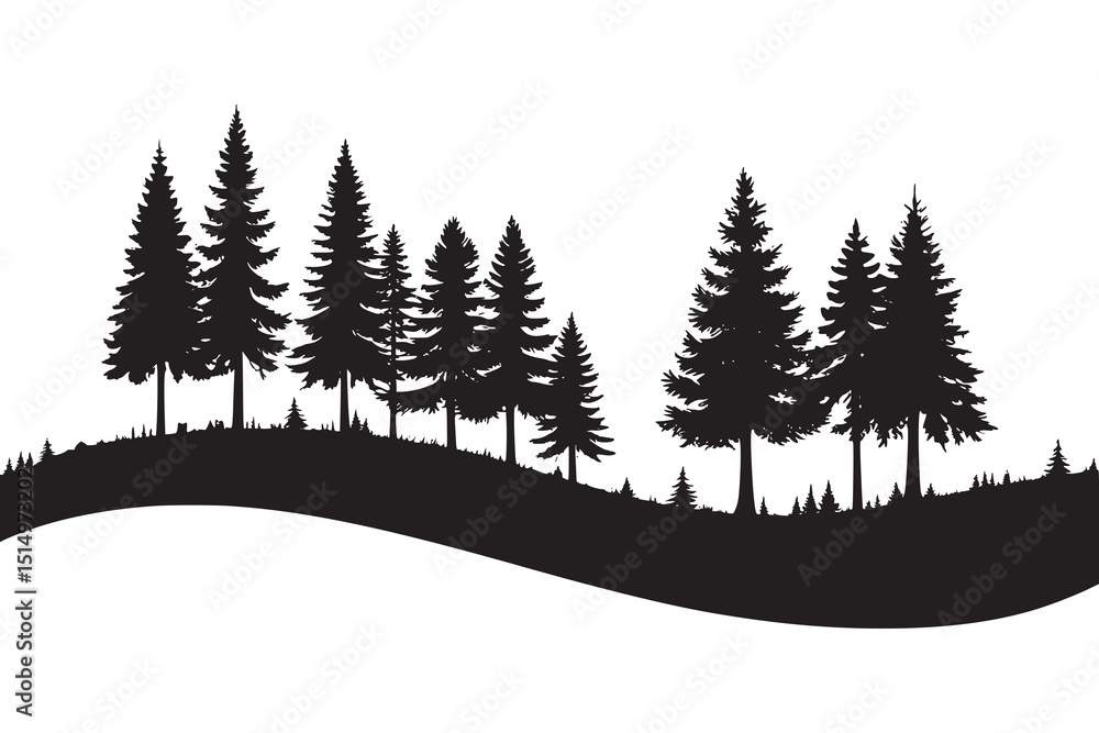 Obraz premium Silhouette of Pine Trees on Hill Landscape Vector Illustration