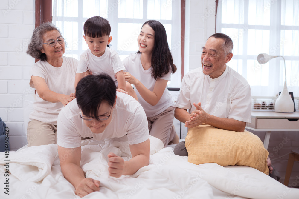 Fototapeta premium Before putting the kids to bed, parents, grandparents, and kid unwind and play in the bedroom