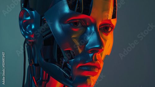 portrait of a cyborg with dramatic chiaroscuro lighting, fusion of classical and futuristic elements