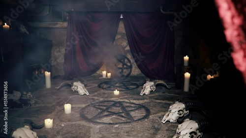 Satan Ritual scene with skulls and glowing symbols