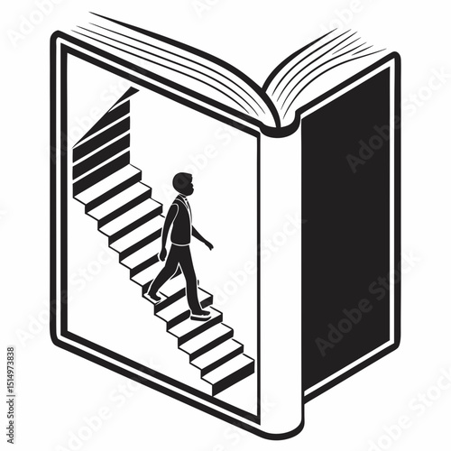man walking on staircase inside open book in concept of education and knowledge with copy space
