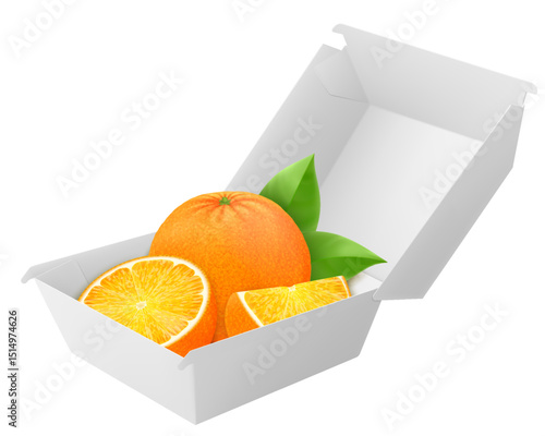 White food box with juicy orange. Packaging for hamburger, lunch, fast food, burger, sandwich isolated on white background. Packaging Cardboard Box Mockup, Realistic 3d Vector Illustration