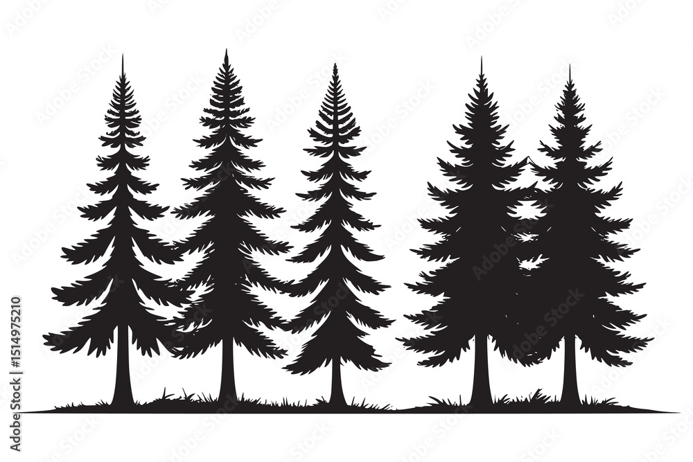 Obraz premium Silhouette of Pine Trees on Hill Landscape Vector Illustration