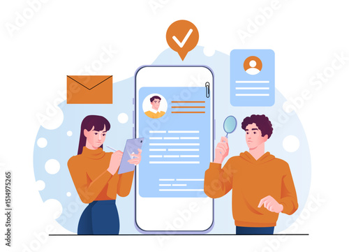 Two people analyzing job applications on a large mobile screen, flat graphic style, with abstract background elements, concept of digital recruitment. Vector illustration