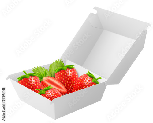 White food box with ripe strawberry, packaging for hamburger, lunch, fast food, burger, sandwich isolated on white background. Packaging Cardboard Box Mockup, Realistic 3d Vector Illustration