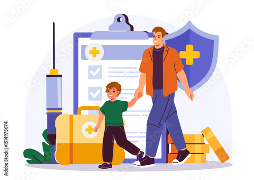 Father and son holding hands near a giant clipboard, syringe, and medical kit in flat style on white background. Concept of health insurance and vaccination. Vector illustration
