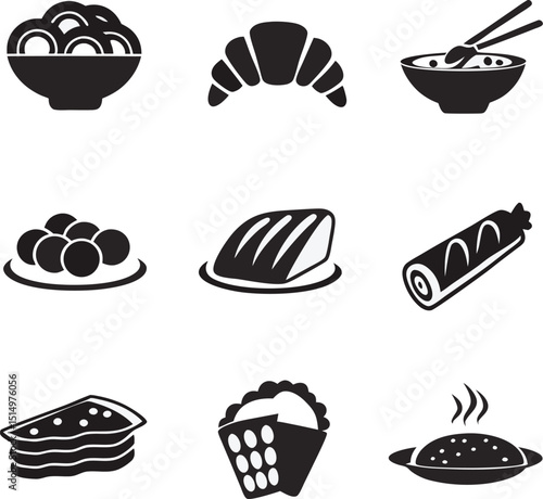 Collection of simple monochrome food icons featuring bowls croissant sushi balls and various other delightful dishes ready for design projects