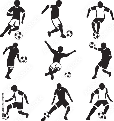 Vector illustration collection showcasing dynamic action poses of soccer players in various stances dribbling kicking passing and controlling the ball in a striking monochrome design