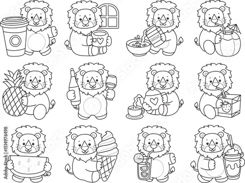Outline of Cute Lion icon. Lineart of Funny baby Lion animal series stock illustration. life of fluffy Lion designs.