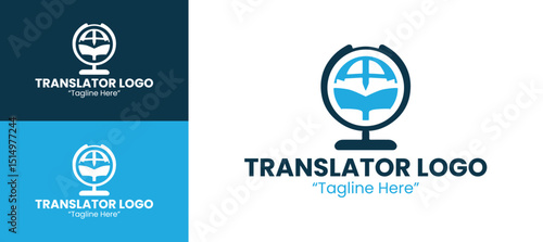 Modern Translator Logo with Book and Globe Symbol in Blue and White