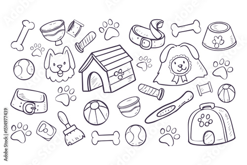 Hand Drawn Dog Accessories and Pet Supplies Doodle Set. Bowls, Bones, Toys, Grooming Items, Paw Prints, Treats, and Dog House Icons vector illustration.