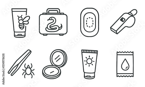Outdoor first aid kit icons set – outline, emergency, survival health essentials