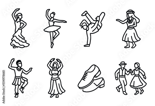Cultural dance silhouette icons set – traditional, festive and performance symbols