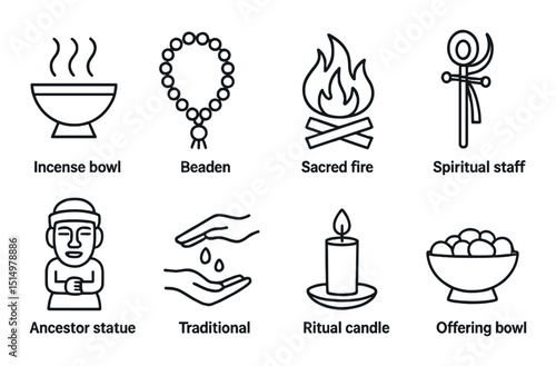 Ethnic ritual silhouette icons set – simple, spiritual, cultural symbols