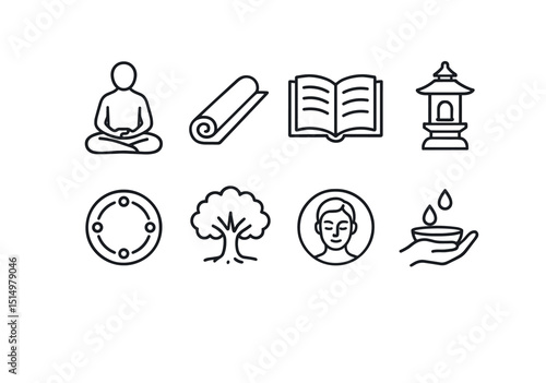 Spiritual outline icons set – meditate, mindfulness and tranquility symbols collection