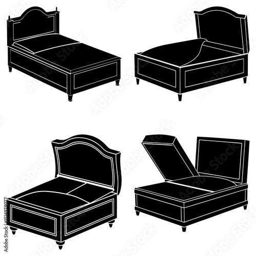 Four illustrations of beds with storage compartments in various open and closed configurations in black and white