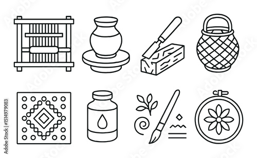Cultural craft tools outline icons set – handmade, artisanal and traditional symbols