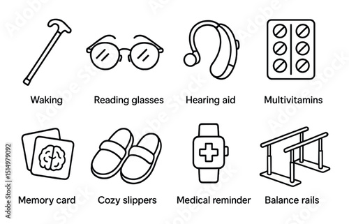 Healthy aging essentials silhouette icons set – wellbeing, senior care and lifestyle symbols