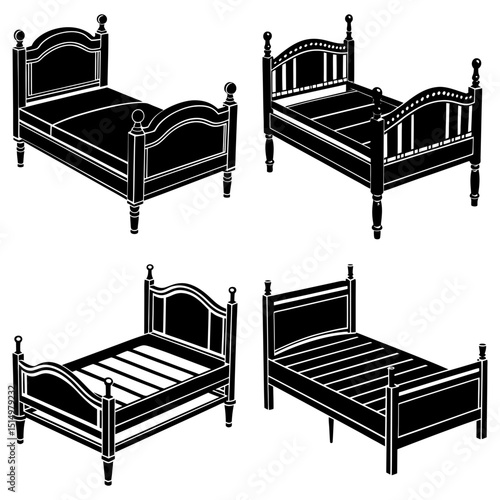 Four different styles of beds illustrated in black and white with various headboard designs and leg styles