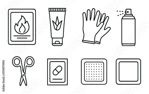 Burn first aid kit outline icons set – emergency, safety and healthcare tools