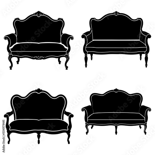 Silhouette illustration of four antique style sofas with ornate details and curved backs in black and white