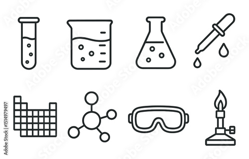 Chemistry equipment outline icons set – lab tools, scientific and laboratory symbols