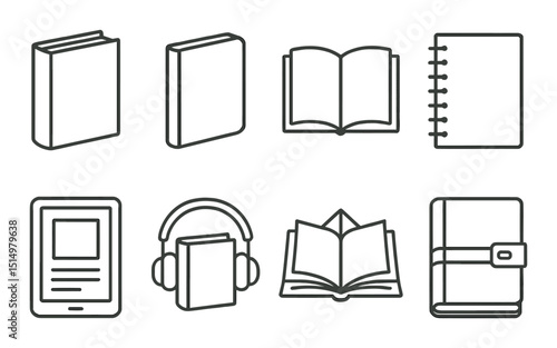 Books and devices outline icons set – reading, gadgets and digital library symbols