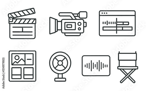 Video production outline icons set – filmmaking, editing and media symbols