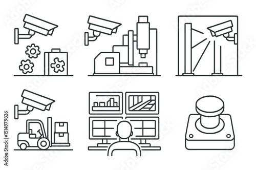 Industrial cctv icon set in linear style. security and surveillance symbols