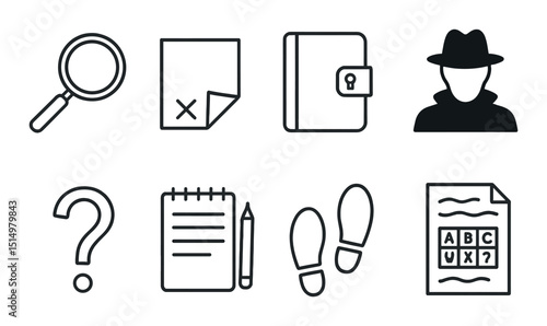 Mystery story icons set – linear, detective tools and enigma solving symbols