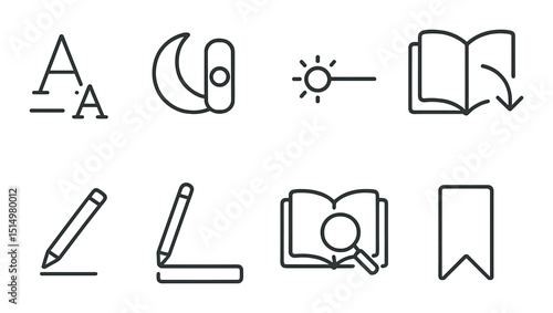 Ebook reading outline icons set – linear, text and digital library symbols
