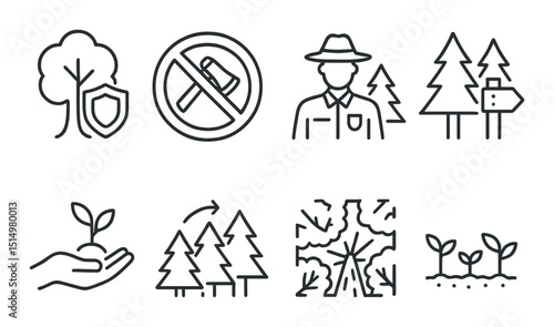 Forest protection outline icons set – conservation, nature safeguarding, eco symbols