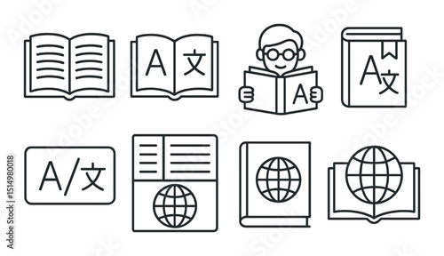 Multilingual reading linear icons set – outline, language learning and book symbols