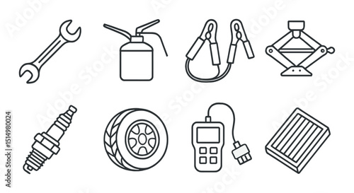 Vehicle maintenance tools outline icons set – car repair, workshop essentials