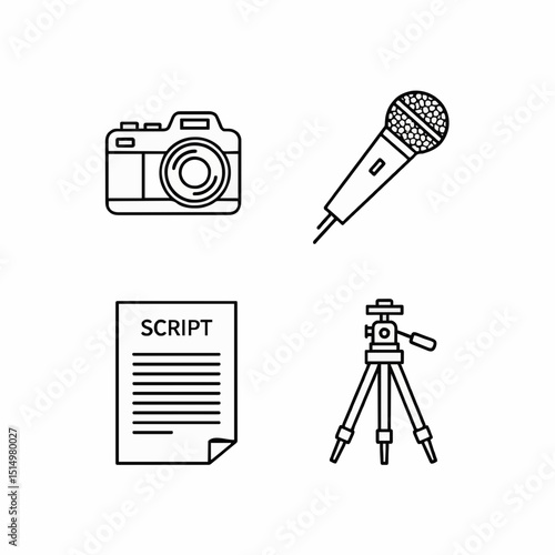A collection of minimalist black-and-white icons depicting a camera, microphone, script sheet, and tripod.