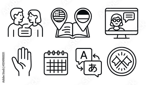 Language exchange outline icons set - communication, learning and translation symbols