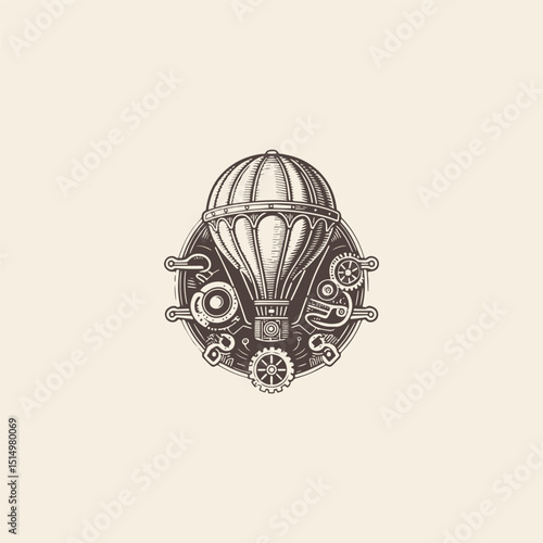 Air balloon steampunk engraving style logo design vector template