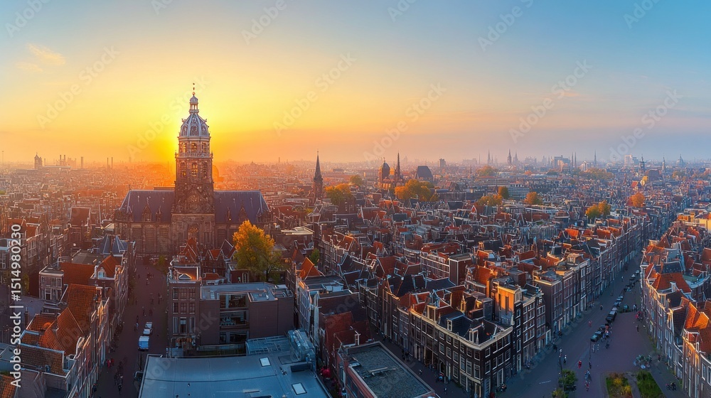 Fototapeta premium Panoramic sunrise view of a European city with historical architecture